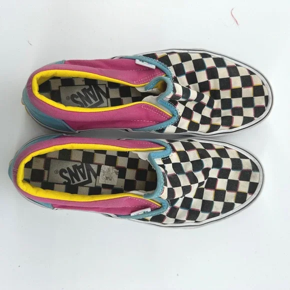 Vans Slip On Checkerboard Pink Teal Yellow Womens Size 8.5 Casual Shoes - Picture 2 of 7